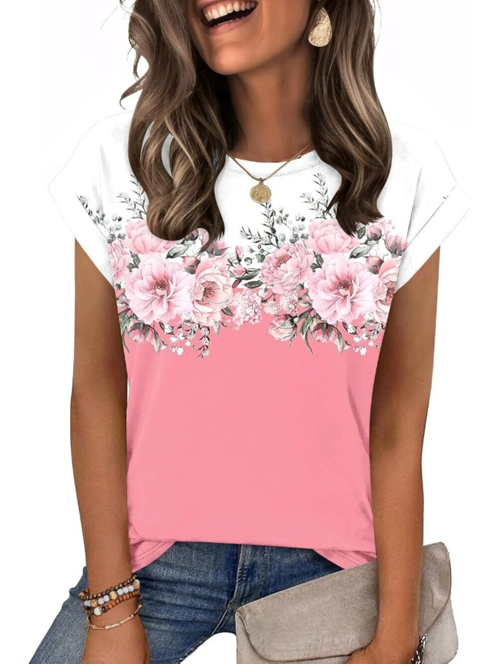Women's Pink Floral Casual Crew Neck Cap Sleeves Trendy Spring Fashion T Shirts